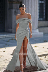 Off the Shoulder Strapless Sleeveless Split Long Formal Dress With Pleated