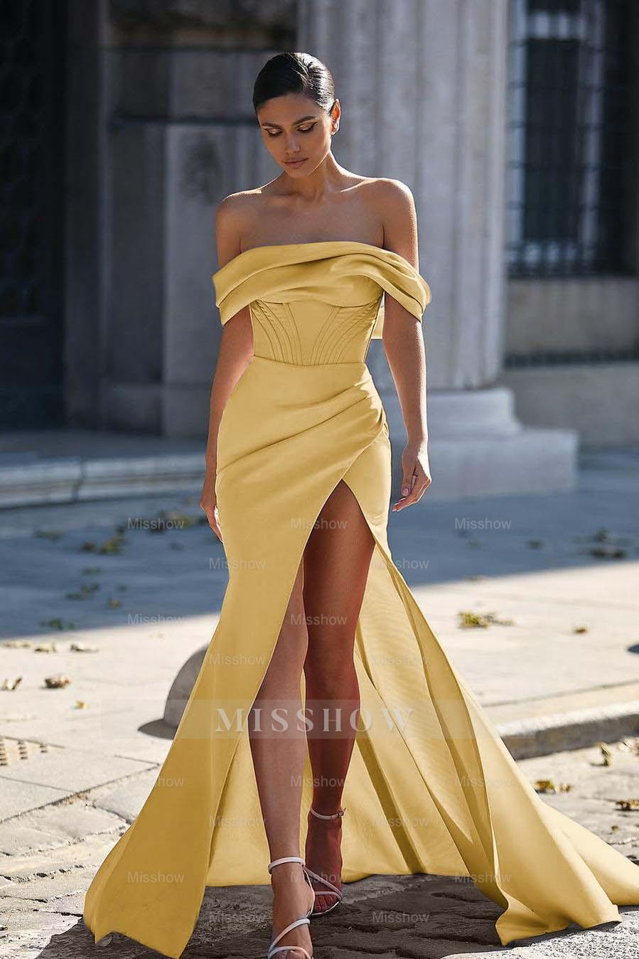Off the Shoulder Strapless Sleeveless Split Long Formal Dress With Pleated