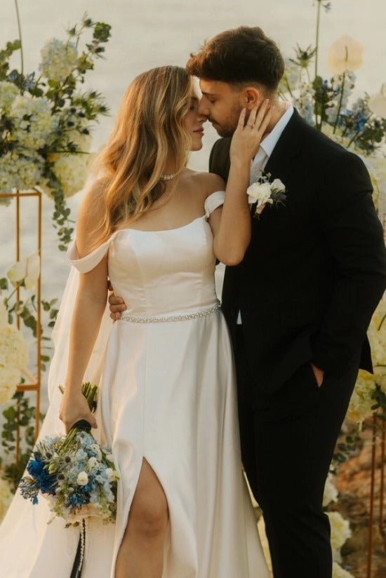 Off-the-Shoulder Sweetheart Clean Satin Crystal Waist Belt A-Line Wedding Dress Front Slit Chapel Train
