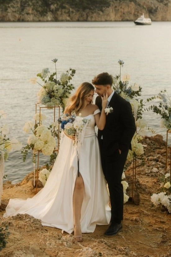 Off-the-Shoulder Sweetheart Clean Satin Crystal Waist Belt A-Line Wedding Dress Front Slit Chapel Train