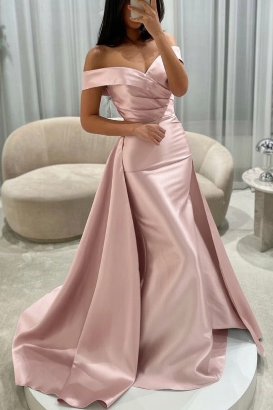 Off-the-Shoulder Sweetheart Cross-Draped Ruched Satin Mermaid Evening Dress with Oversized Side Overskirt Sweep Train