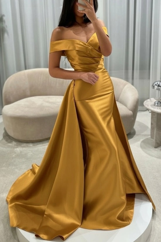 Off-the-Shoulder Sweetheart Cross-Draped Ruched Satin Mermaid Evening Dress with Oversized Side Overskirt Sweep Train