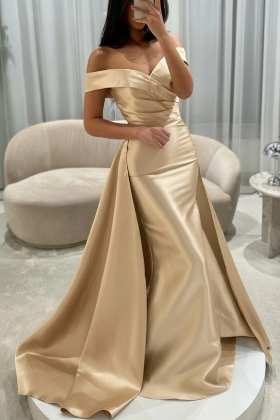 Off-the-Shoulder Sweetheart Cross-Draped Ruched Satin Mermaid Evening Dress with Oversized Side Overskirt Sweep Train