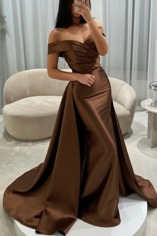 Off-the-Shoulder Sweetheart Cross-Draped Ruched Satin Mermaid Evening Dress with Oversized Side Overskirt Sweep Train