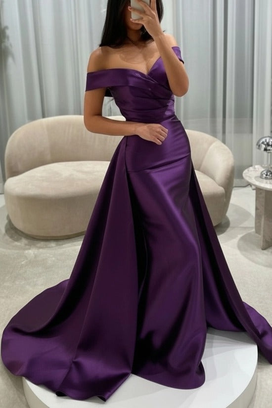 Off-the-Shoulder Sweetheart Cross-Draped Ruched Satin Mermaid Evening Dress with Oversized Side Overskirt Sweep Train