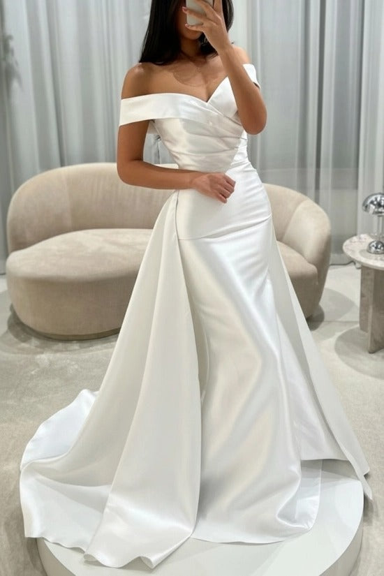 Off-the-Shoulder Sweetheart Cross-Draped Ruched Satin Mermaid Evening Dress with Oversized Side Overskirt Sweep Train