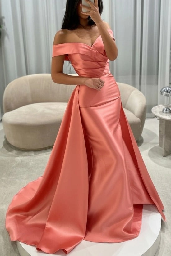 Off-the-Shoulder Sweetheart Cross-Draped Ruched Satin Mermaid Evening Dress with Oversized Side Overskirt Sweep Train
