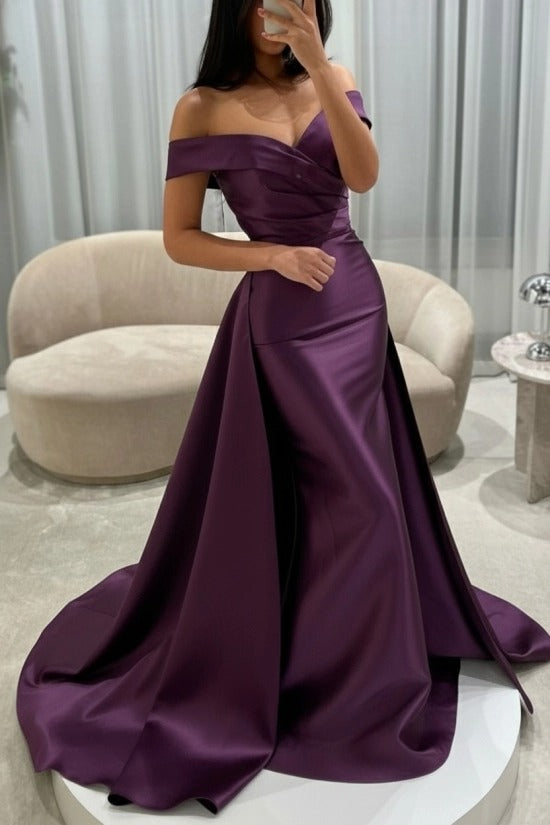 Off-the-Shoulder Sweetheart Cross-Draped Ruched Satin Mermaid Evening Dress with Oversized Side Overskirt Sweep Train