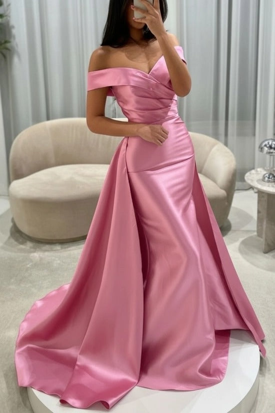 Off-the-Shoulder Sweetheart Cross-Draped Ruched Satin Mermaid Evening Dress with Oversized Side Overskirt Sweep Train