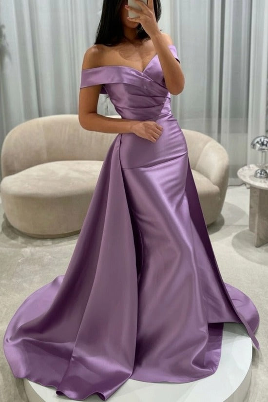 Off-the-Shoulder Sweetheart Cross-Draped Ruched Satin Mermaid Evening Dress with Oversized Side Overskirt Sweep Train
