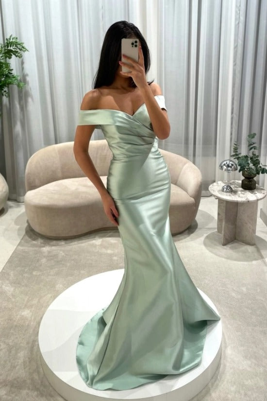 Off-the-Shoulder Sweetheart Cross-Draped Ruched Satin Mermaid Evening Dress with Oversized Side Overskirt Sweep Train