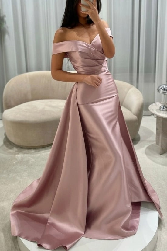 Off-the-Shoulder Sweetheart Cross-Draped Ruched Satin Mermaid Evening Dress with Oversized Side Overskirt Sweep Train