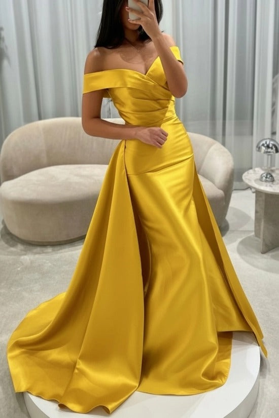 Off-the-Shoulder Sweetheart Cross-Draped Ruched Satin Mermaid Evening Dress with Oversized Side Overskirt Sweep Train