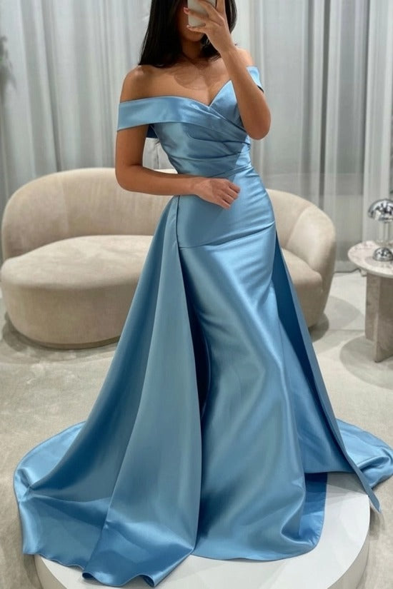 Off-the-Shoulder Sweetheart Cross-Draped Ruched Satin Mermaid Evening Dress with Oversized Side Overskirt Sweep Train