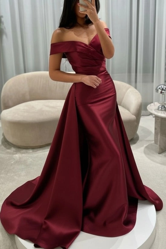 Off-the-Shoulder Sweetheart Cross-Draped Ruched Satin Mermaid Evening Dress with Oversized Side Overskirt Sweep Train