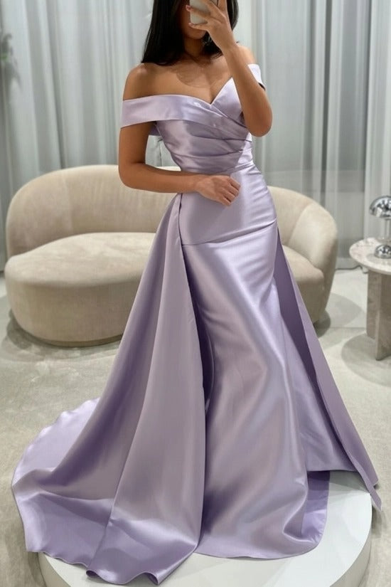 Off-the-Shoulder Sweetheart Cross-Draped Ruched Satin Mermaid Evening Dress with Oversized Side Overskirt Sweep Train