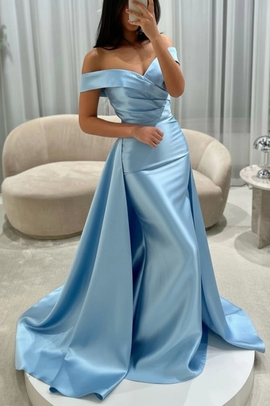 Off-the-Shoulder Sweetheart Cross-Draped Ruched Satin Mermaid Evening Dress with Oversized Side Overskirt Sweep Train