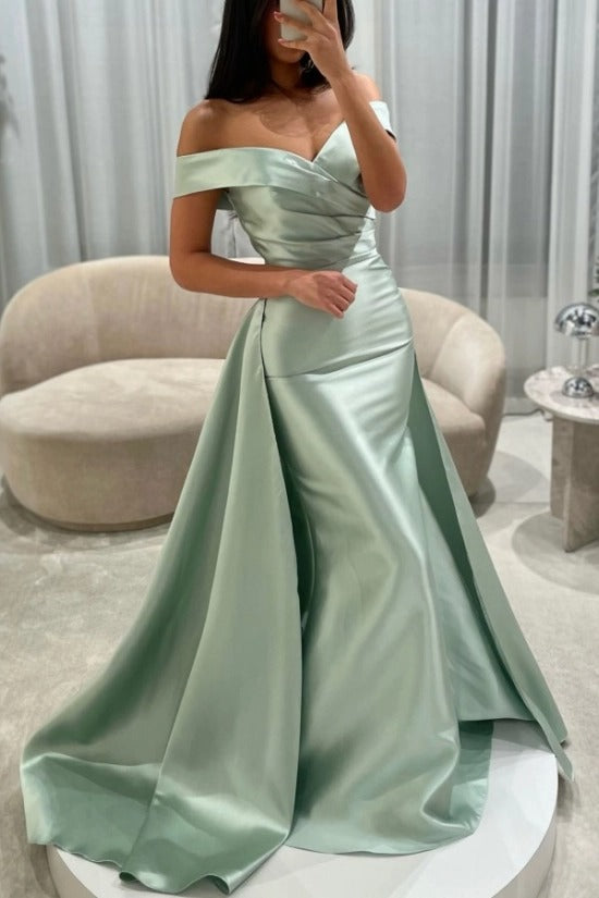 Off-the-Shoulder Sweetheart Cross-Draped Ruched Satin Mermaid Evening Dress with Oversized Side Overskirt Sweep Train