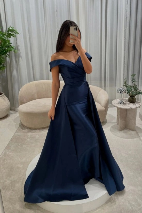 Off-the-Shoulder Sweetheart Cross-Draped Ruched Satin Mermaid Evening Dress with Oversized Side Overskirt Sweep Train