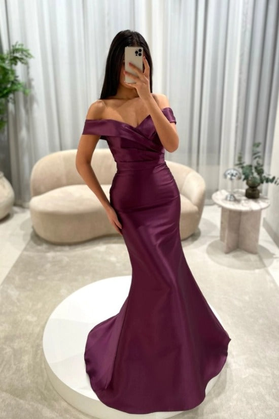 Off-the-Shoulder Sweetheart Cross-Draped Ruched Satin Mermaid Evening Dress with Oversized Side Overskirt Sweep Train