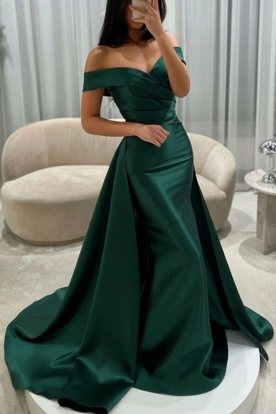 Off-the-Shoulder Sweetheart Cross-Draped Ruched Satin Mermaid Evening Dress with Oversized Side Overskirt Sweep Train
