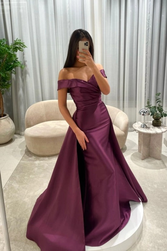 Off-the-Shoulder Sweetheart Cross-Draped Ruched Satin Mermaid Evening Dress with Oversized Side Overskirt Sweep Train