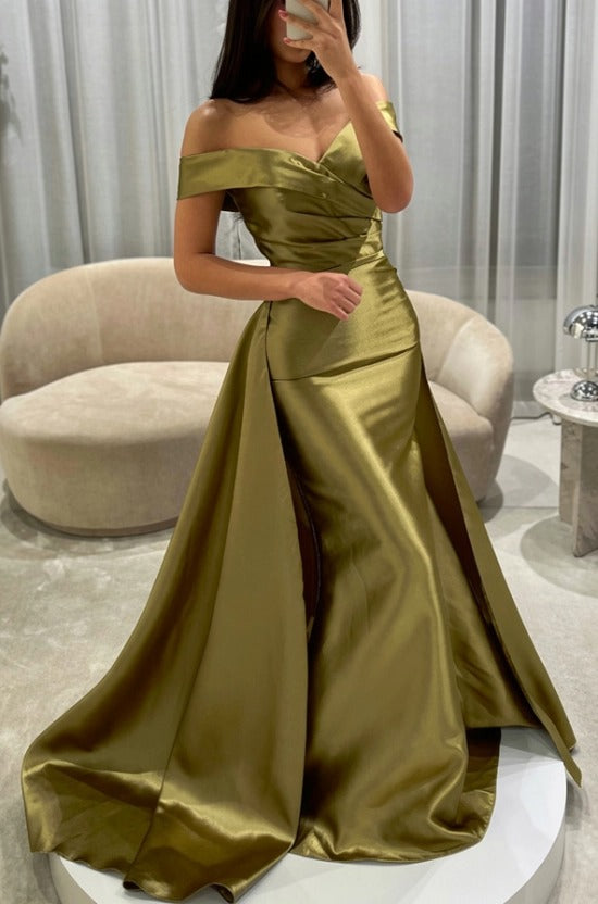 Off-the-Shoulder Sweetheart Cross-Draped Ruched Satin Mermaid Evening Dress with Oversized Side Overskirt Sweep Train