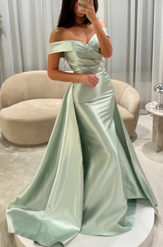 Off-the-Shoulder Sweetheart Cross-Draped Ruched Satin Mermaid Evening Dress with Oversized Side Overskirt Sweep Train