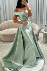 Off-the-Shoulder Sweetheart Cross-Draped Ruched Satin Mermaid Evening Dress with Oversized Side Overskirt Sweep Train