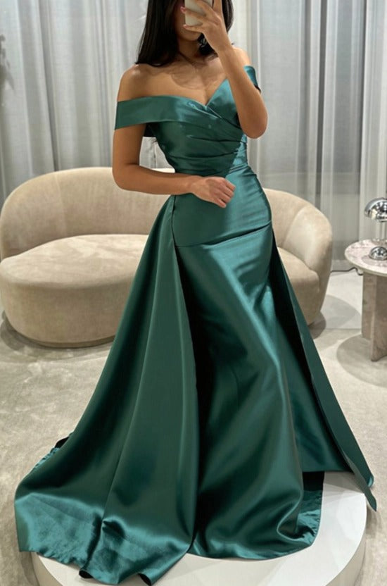 Off-the-Shoulder Sweetheart Cross-Draped Ruched Satin Mermaid Evening Dress with Oversized Side Overskirt Sweep Train
