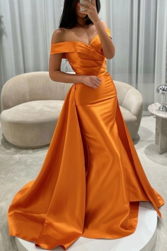 Off-the-Shoulder Sweetheart Cross-Draped Ruched Satin Mermaid Evening Dress with Oversized Side Overskirt Sweep Train