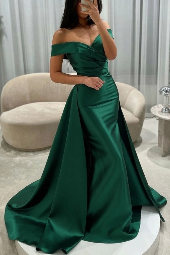 Off-the-Shoulder Sweetheart Cross-Draped Ruched Satin Mermaid Evening Dress with Oversized Side Overskirt Sweep Train
