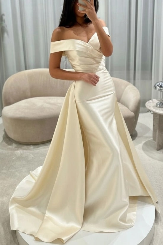Off-the-Shoulder Sweetheart Cross-Draped Ruched Satin Mermaid Evening Dress with Oversized Side Overskirt Sweep Train