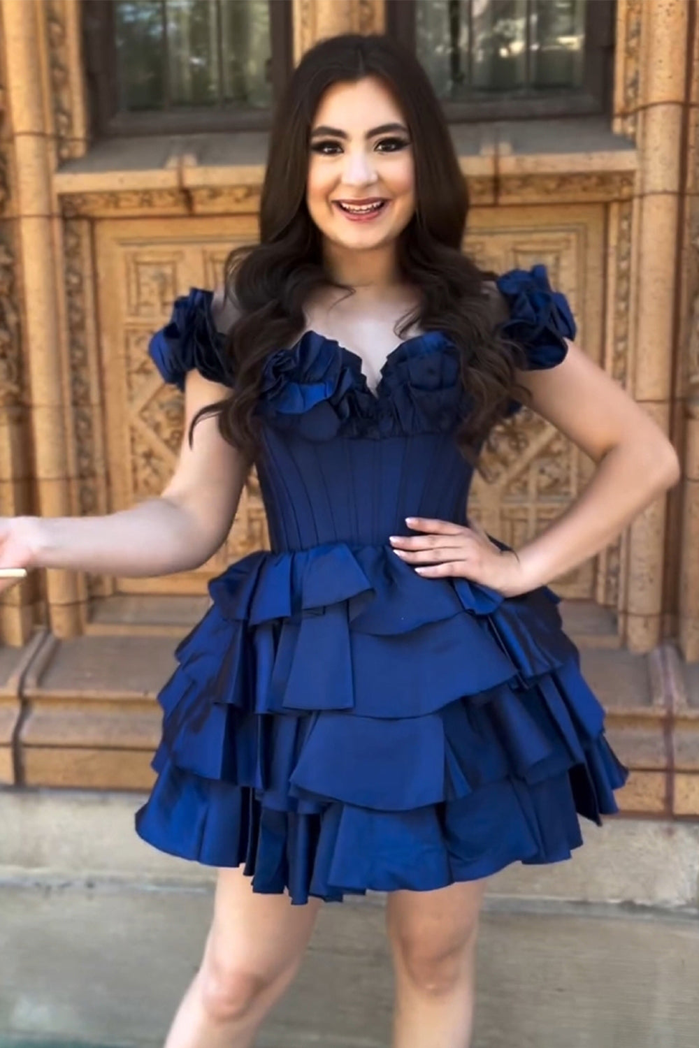 Off-the-Shoulder Sweetheart Dramatic Ruffle Sleeve Satin Boned Corset Lace-Up Multi-Tier Ruffle Flared A-Line Short Homecoming Dress
