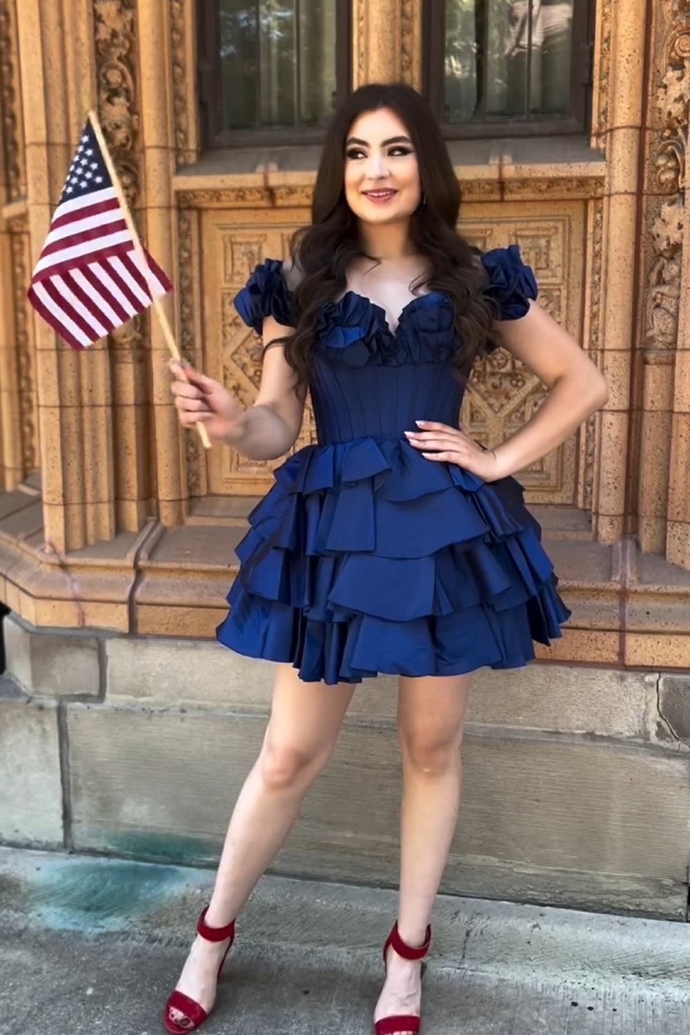 Off-the-Shoulder Sweetheart Dramatic Ruffle Sleeve Satin Boned Corset Lace-Up Multi-Tier Ruffle Flared A-Line Short Homecoming Dress