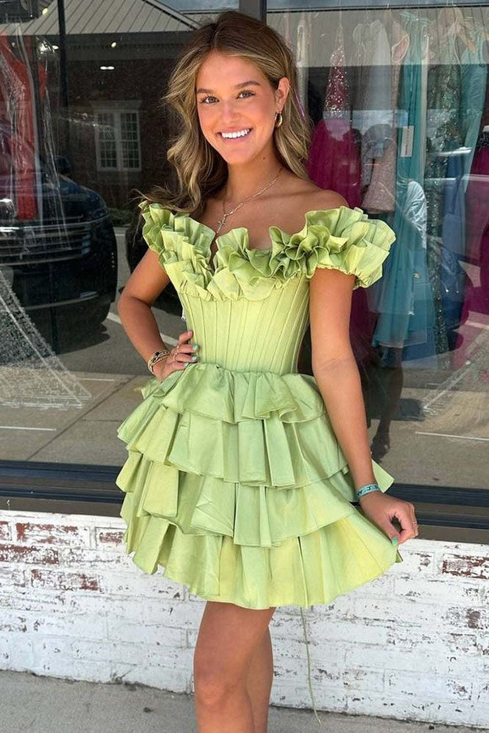 Off-the-Shoulder Sweetheart Dramatic Ruffle Sleeve Satin Boned Corset Lace-Up Multi-Tier Ruffle Flared A-Line Short Homecoming Dress
