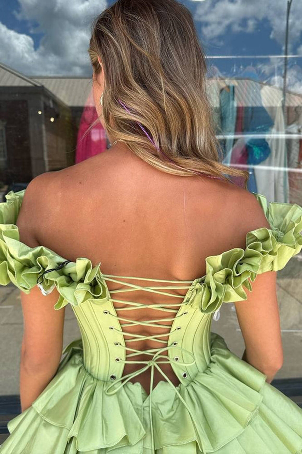 Off-the-Shoulder Sweetheart Dramatic Ruffle Sleeve Satin Boned Corset Lace-Up Multi-Tier Ruffle Flared A-Line Short Homecoming Dress