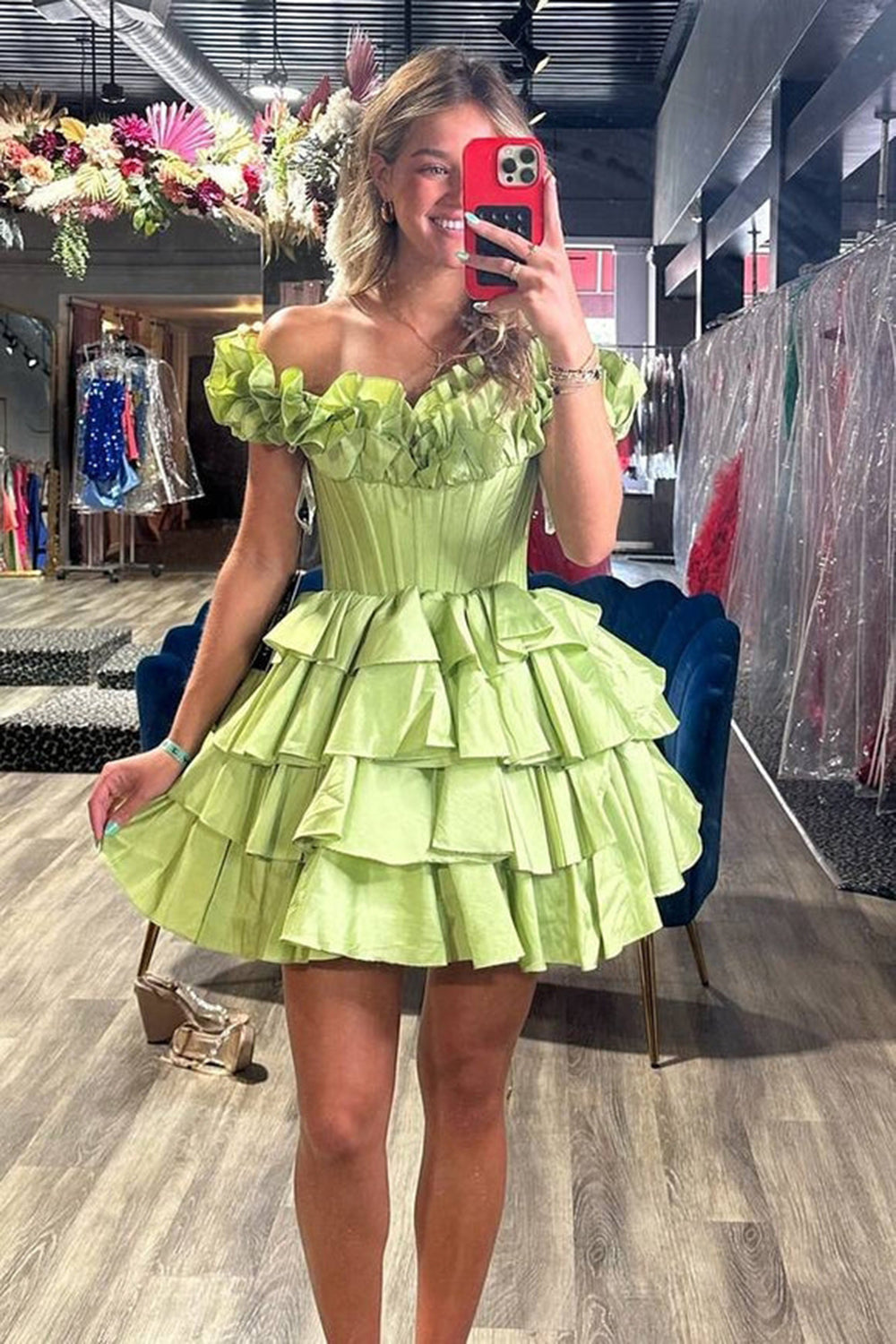 Off-the-Shoulder Sweetheart Dramatic Ruffle Sleeve Satin Boned Corset Lace-Up Multi-Tier Ruffle Flared A-Line Short Homecoming Dress