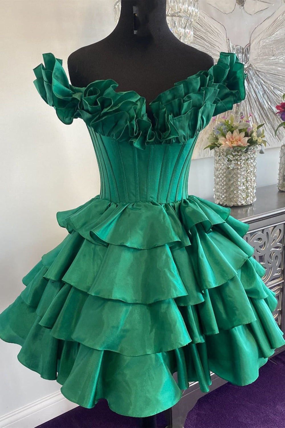 Off-the-Shoulder Sweetheart Dramatic Ruffle Sleeve Satin Boned Corset Lace-Up Multi-Tier Ruffle Flared A-Line Short Homecoming Dress