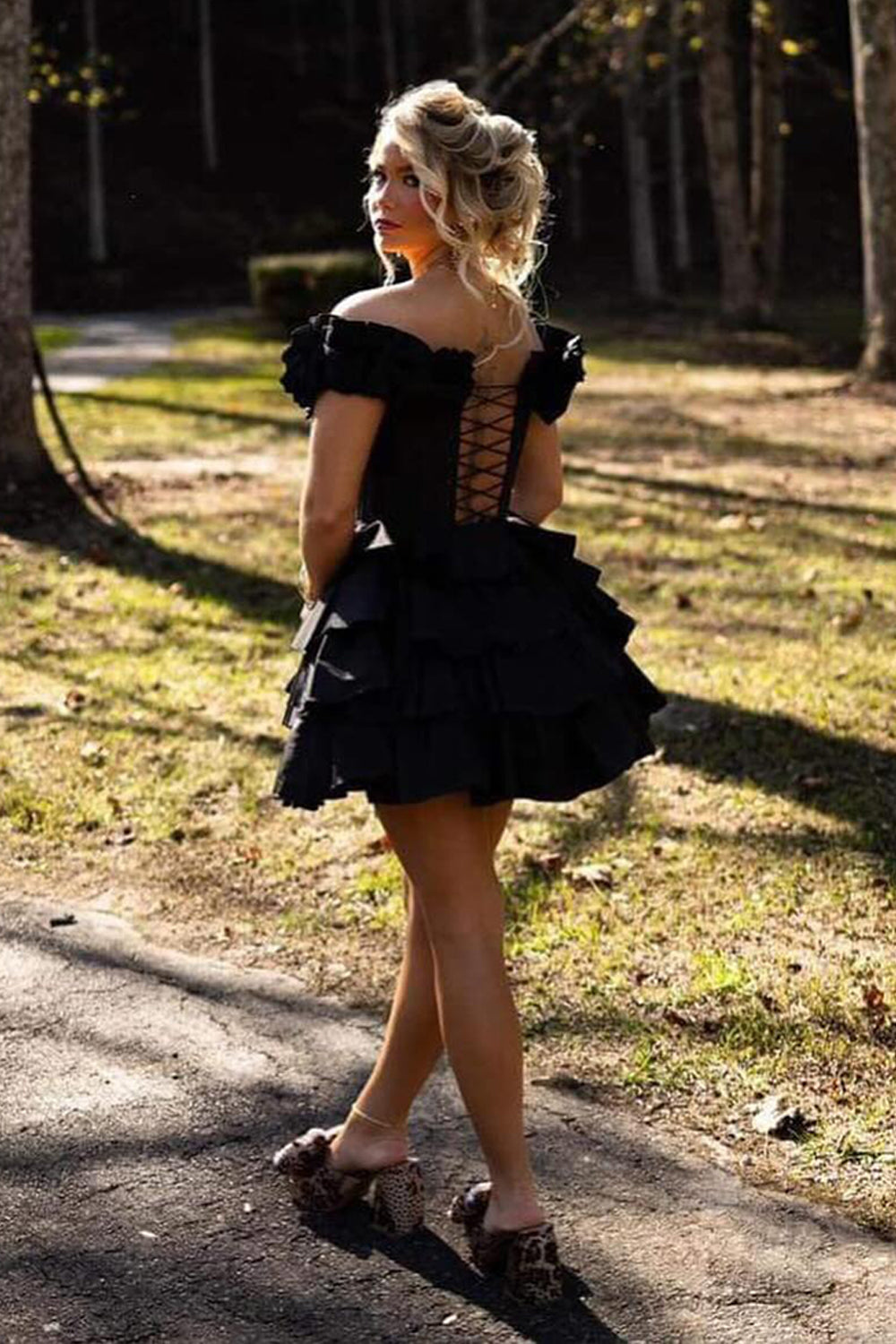 Off-the-Shoulder Sweetheart Dramatic Ruffle Sleeve Satin Boned Corset Lace-Up Multi-Tier Ruffle Flared A-Line Short Homecoming Dress