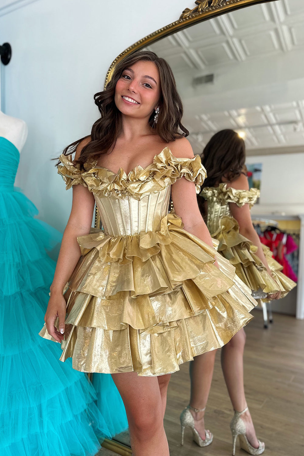 Off-the-Shoulder Sweetheart Dramatic Ruffle Sleeve Satin Boned Corset Lace-Up Multi-Tier Ruffle Flared A-Line Short Homecoming Dress