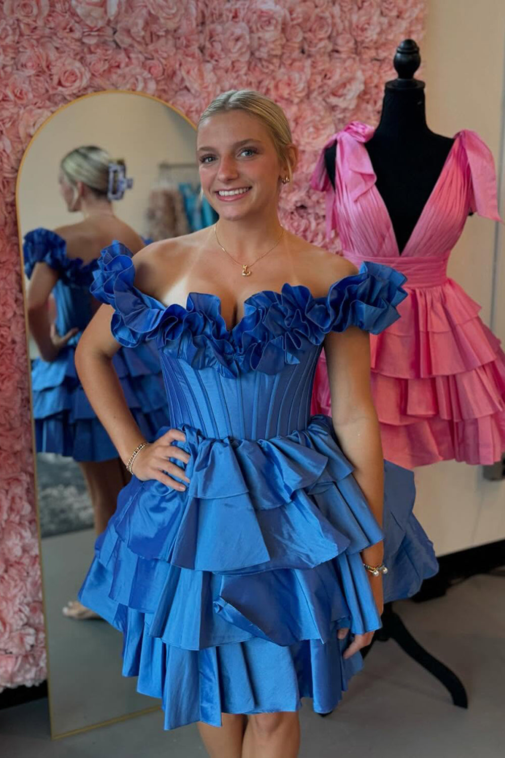Off-the-Shoulder Sweetheart Dramatic Ruffle Sleeve Satin Boned Corset Lace-Up Multi-Tier Ruffle Flared A-Line Short Homecoming Dress