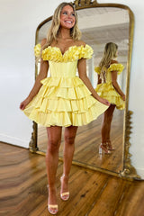 Off-the-Shoulder Sweetheart Dramatic Ruffle Sleeve Satin Boned Corset Lace-Up Multi-Tier Ruffle Flared A-Line Short Homecoming Dress