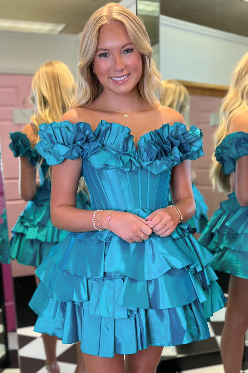 Off-the-Shoulder Sweetheart Dramatic Ruffle Sleeve Satin Boned Corset Lace-Up Multi-Tier Ruffle Flared A-Line Short Homecoming Dress