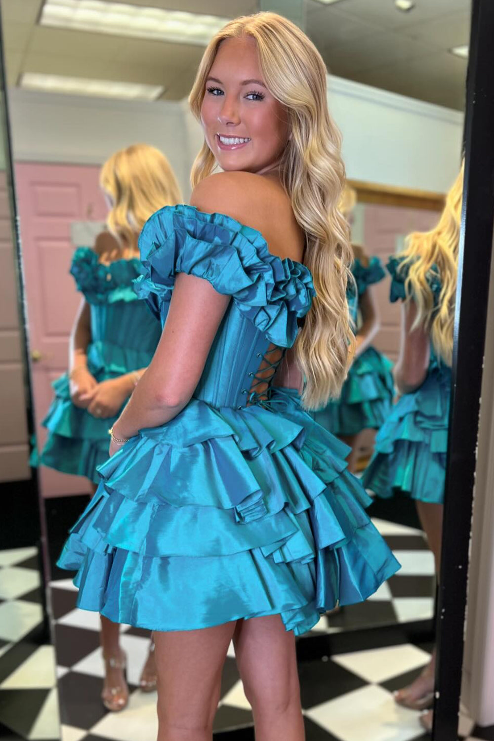 Off-the-Shoulder Sweetheart Dramatic Ruffle Sleeve Satin Boned Corset Lace-Up Multi-Tier Ruffle Flared A-Line Short Homecoming Dress