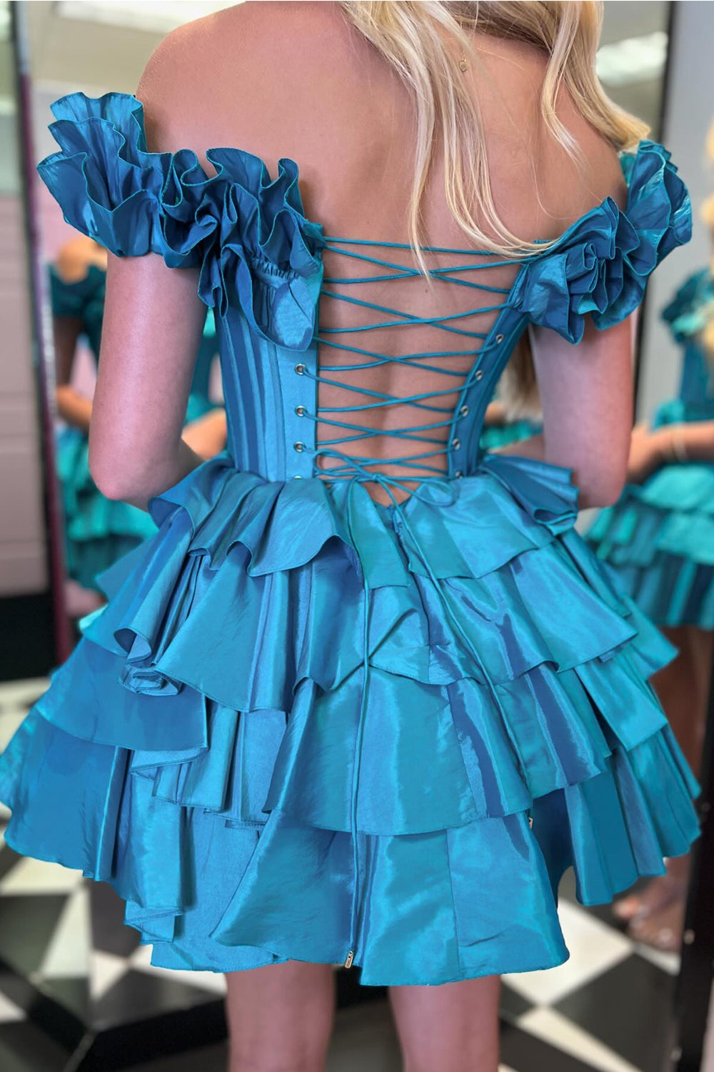 Off-the-Shoulder Sweetheart Dramatic Ruffle Sleeve Satin Boned Corset Lace-Up Multi-Tier Ruffle Flared A-Line Short Homecoming Dress