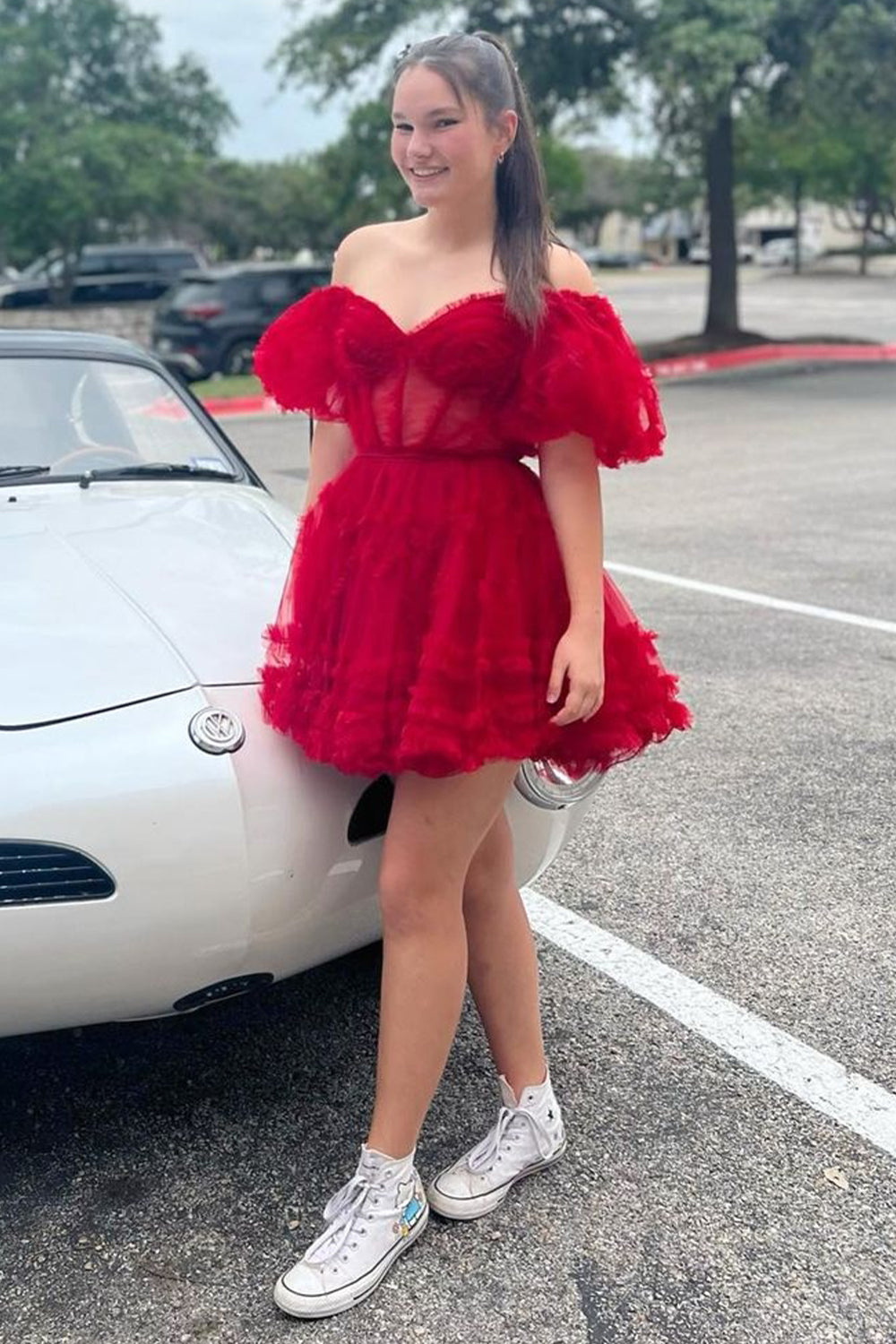 Off-the-Shoulder Sweetheart Puff Sleeve Eyelash Ruffle Tulle Structured Boned Corset Open Back Waist Bow-Tie Multi-Tier Flared A-Line Short Homecoming Dress
