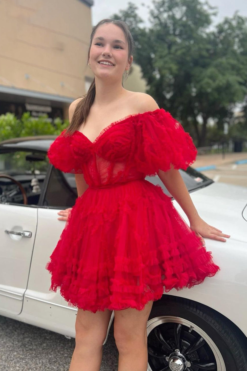 Off-the-Shoulder Sweetheart Puff Sleeve Eyelash Ruffle Tulle Structured Boned Corset Open Back Waist Bow-Tie Multi-Tier Flared A-Line Short Homecoming Dress