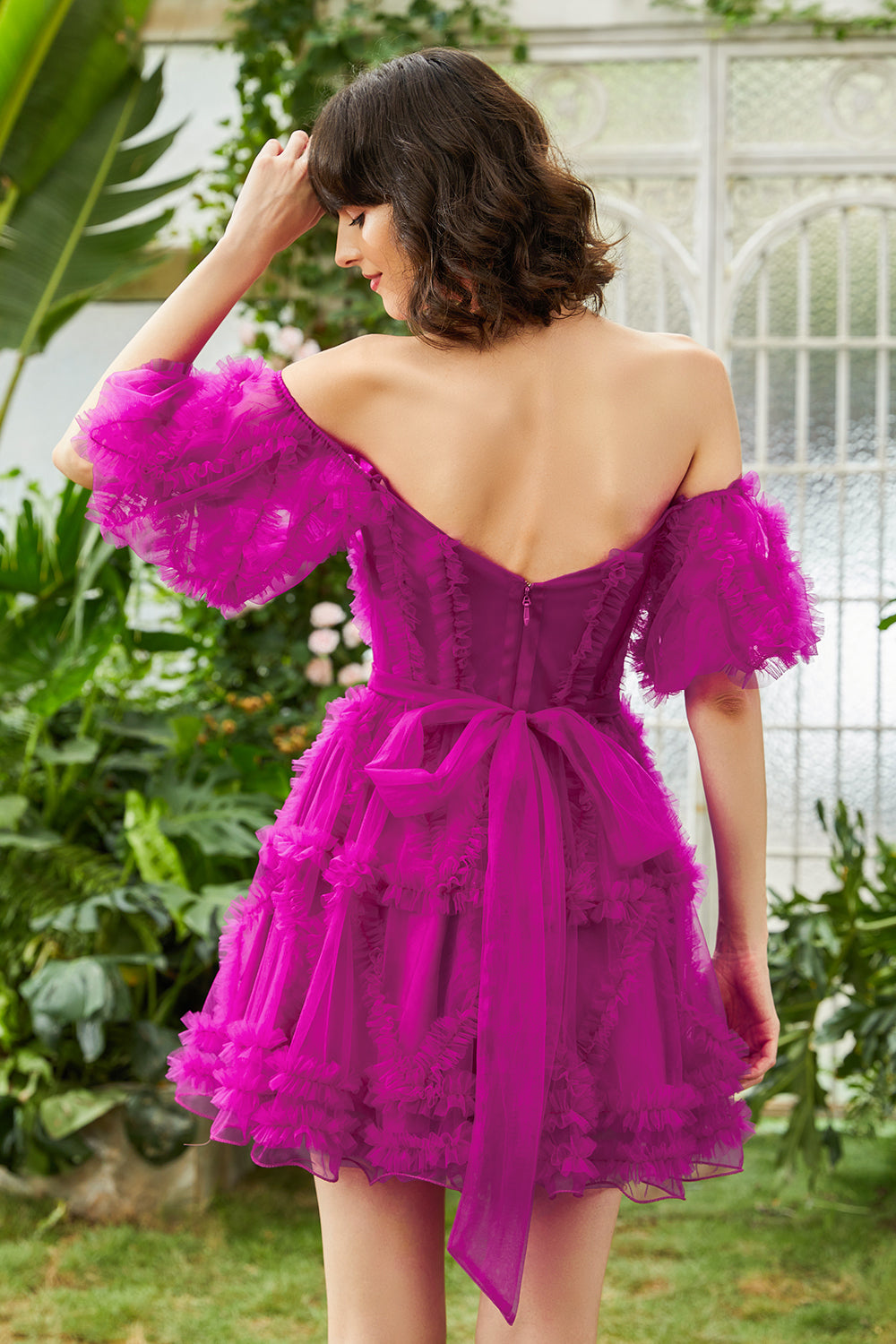 Off-the-Shoulder Sweetheart Puff Sleeve Eyelash Ruffle Tulle Structured Boned Corset Open Back Waist Bow-Tie Multi-Tier Flared A-Line Short Homecoming Dress