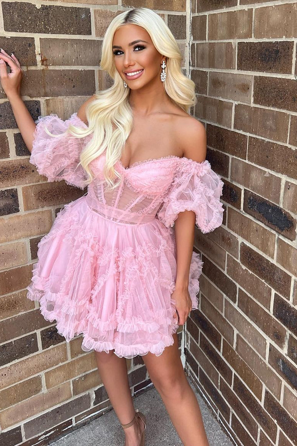 Off-the-Shoulder Sweetheart Puff Sleeve Eyelash Ruffle Tulle Structured Boned Corset Open Back Waist Bow-Tie Multi-Tier Flared A-Line Short Homecoming Dress